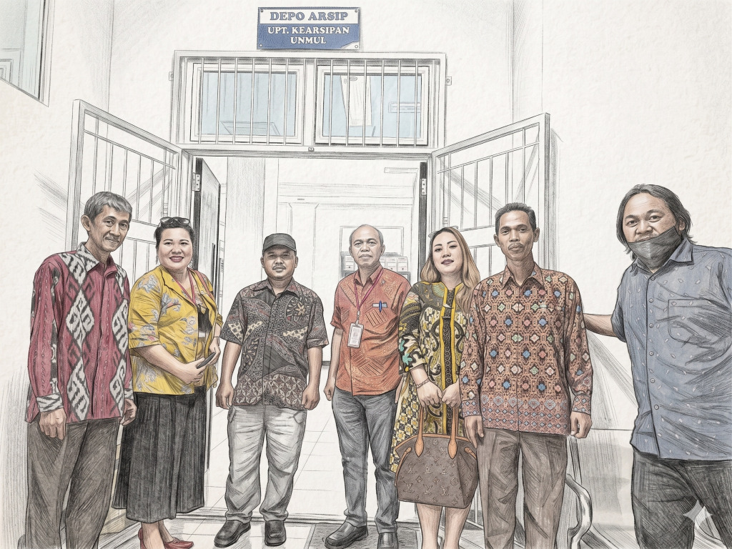 Foto bersama di depan ruang arsip UPT. Kearsipan UNMUL
