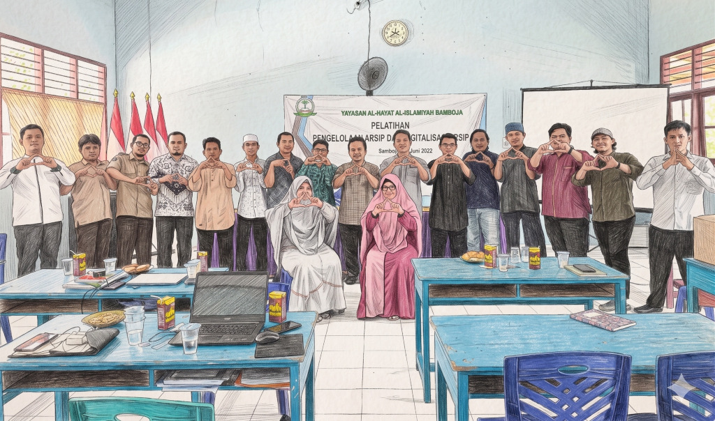 Foto bersama peserta dan pemateri pada pelatihan pengelolaan arsip Pesantren Al Hayat Samboja - Kutai Kartanegara